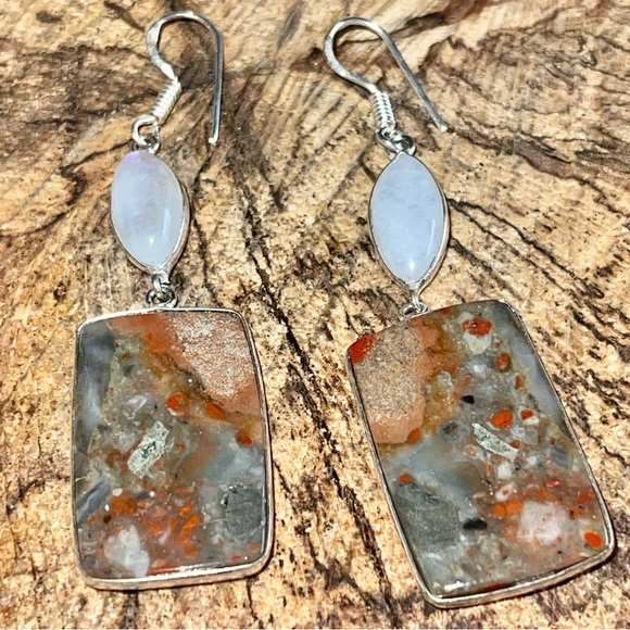 Rainbow Moonstone & Red Jasper Earrings 2 1/2” - Picture 9 of 13
